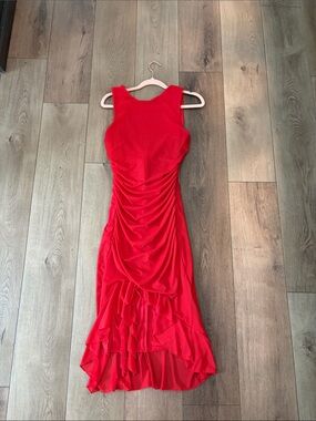 Red Ruched Ruffle Hem Dress - Women
